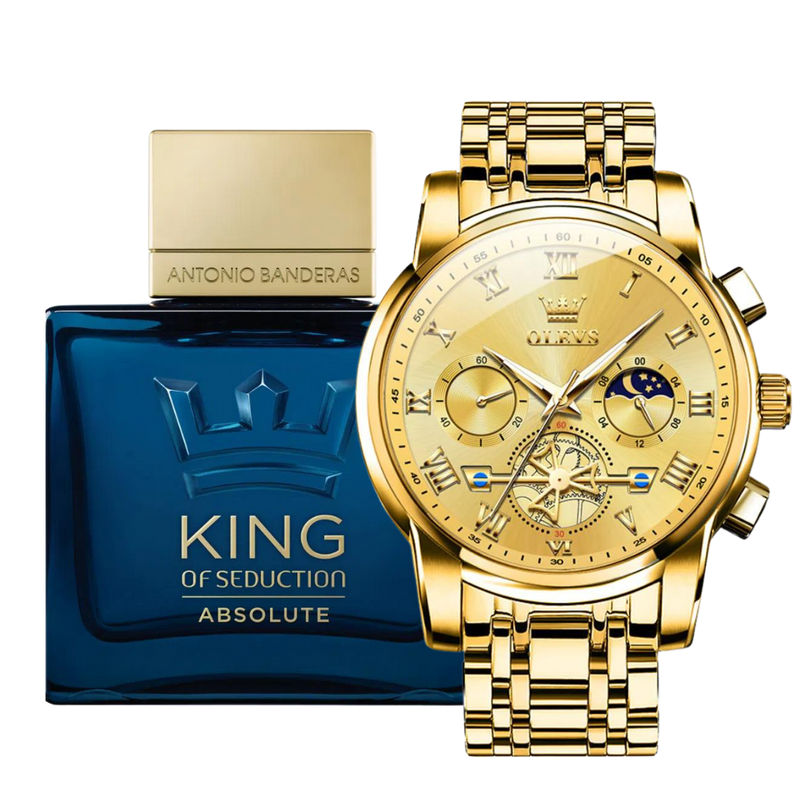 Kit Perfume King Sublime® (100ml) e Relógio Luxe Olevs + Brinde Carteira 3d