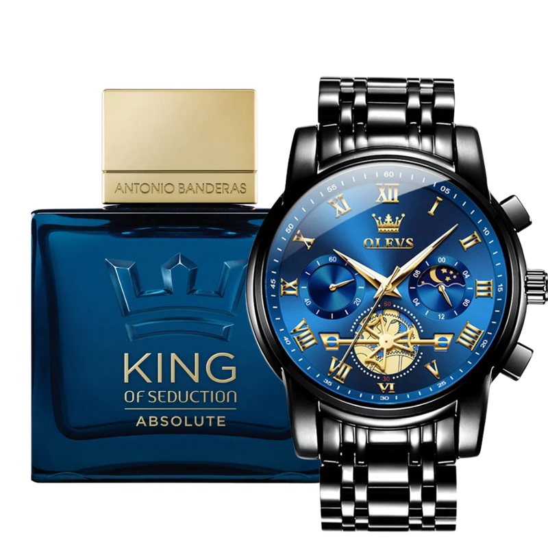 Kit Perfume King Sublime® (100ml) e Relógio Luxe Olevs + Brinde Carteira 3d